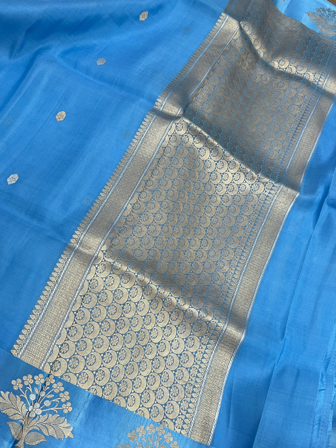 Sky Blue Pure Katan Organza Silk Handloom Banarasi Saree