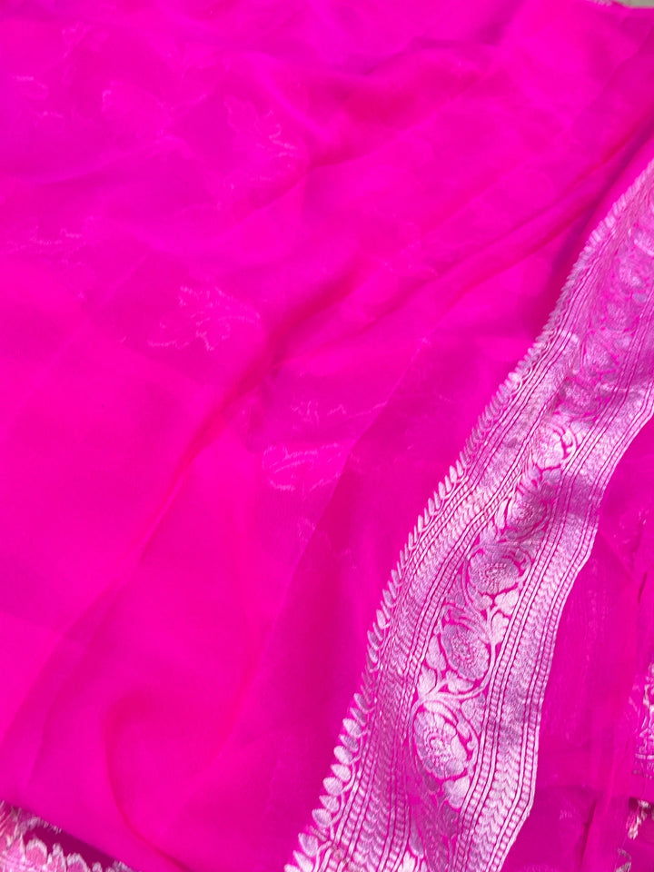 Rani Pink Pure Banarasi Khaddi georgette saree with floral jaal