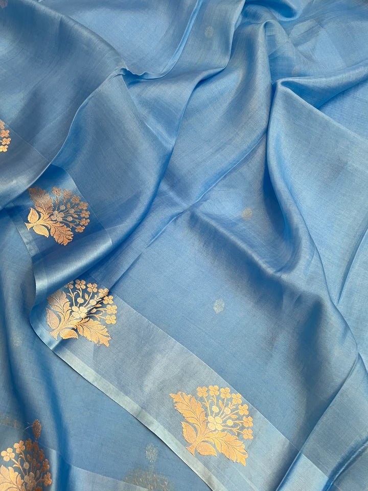 Sky Blue Pure Katan Organza Silk Handloom Banarasi Saree