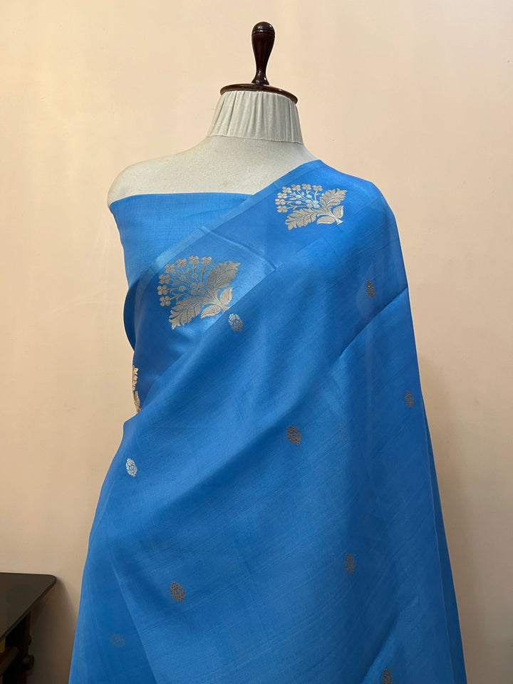 Sky Blue Pure Katan Organza Silk Handloom Banarasi Saree