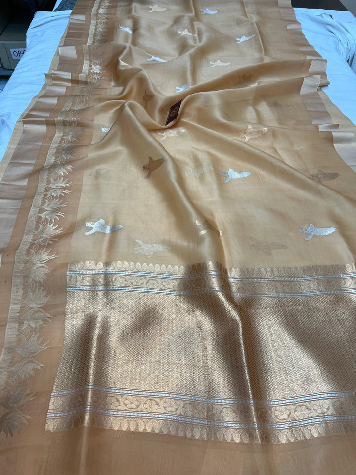 Pastel Beige Kora Silk Banarasi Saree with Dual Border
