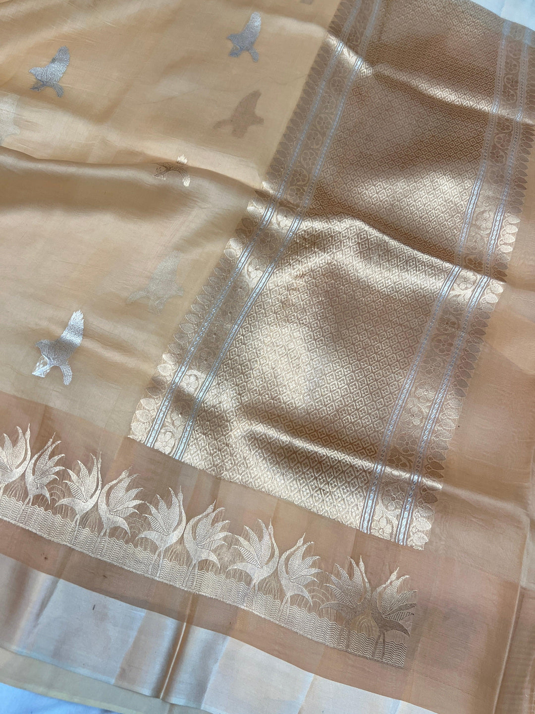 Pastel Beige Kora Silk Banarasi Saree with Dual Border