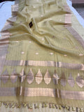 English Yellow Banarasi Handloom Kora Silk Saree - Aura Benaras