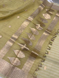 English Yellow Banarasi Handloom Kora Silk Saree - Aura Benaras