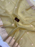 English Yellow Banarasi Handloom Kora Silk Saree - Aura Benaras