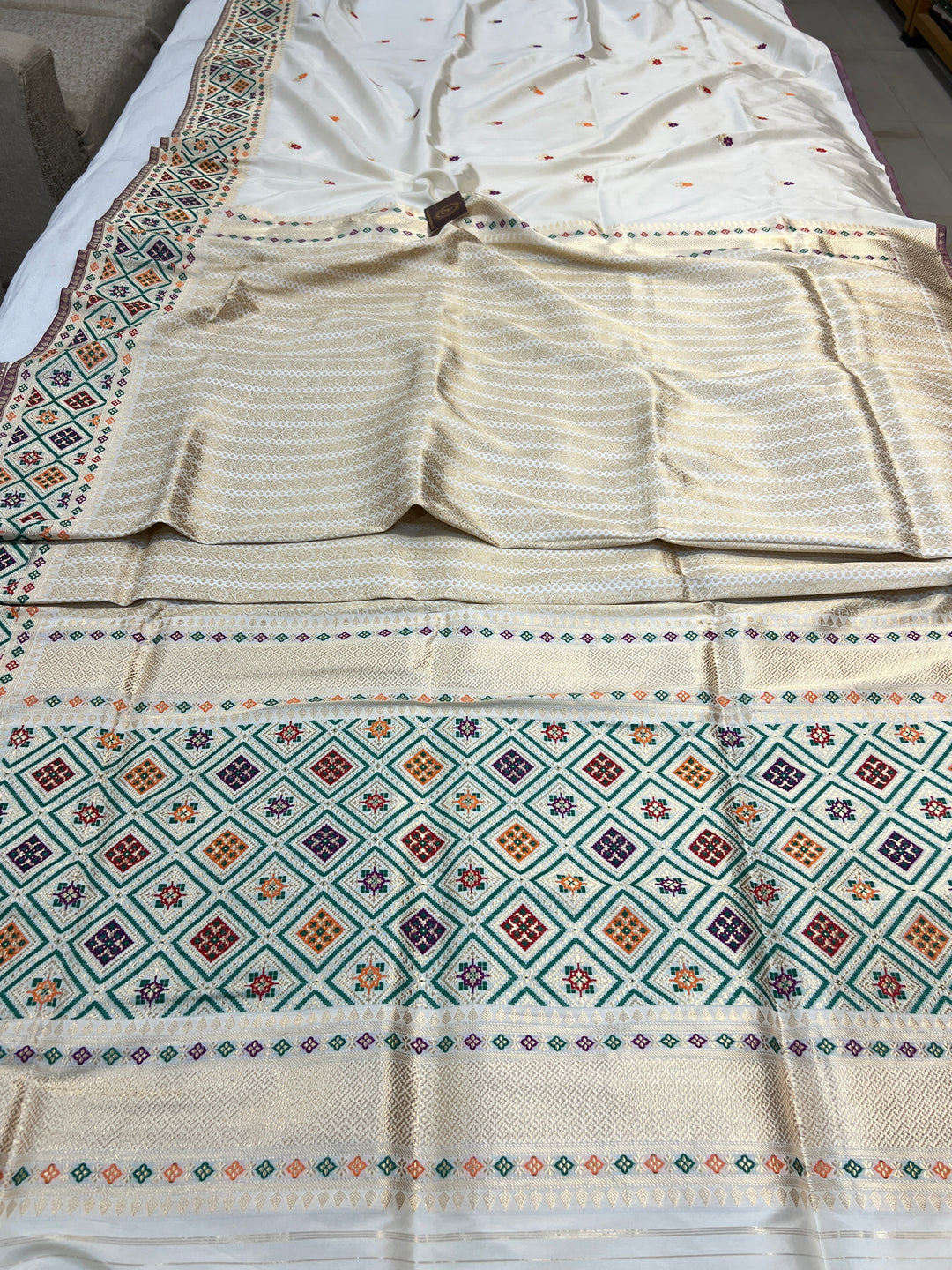 Off White Katan Silk Saree with Kadhwa Meenakari Buti & Border