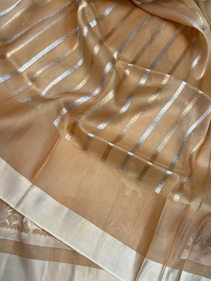 Pastel Beige Kora Silk Banarasi Saree with Dual Border