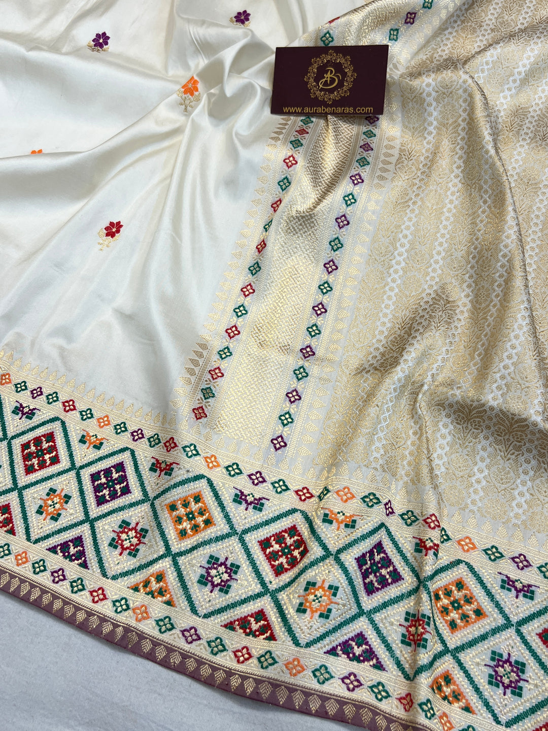 Off White Katan Silk Saree with Kadhwa Meenakari Buti & Border