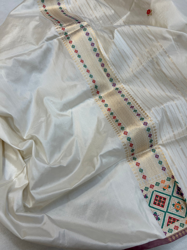 Off White Katan Silk Saree with Kadhwa Meenakari Buti & Border