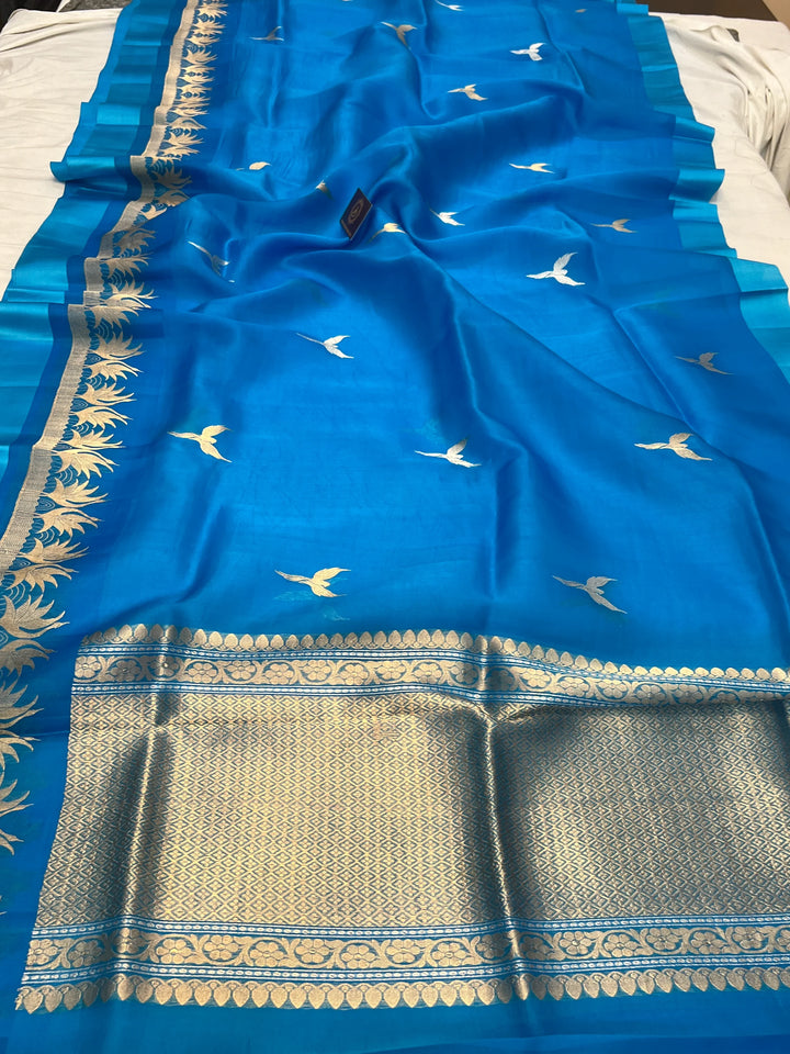 Blue Kora Silk Banarasi Saree with Dual Border