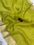 Neon Green Banarasi Handloom Kora Silk Saree - Aura Benaras