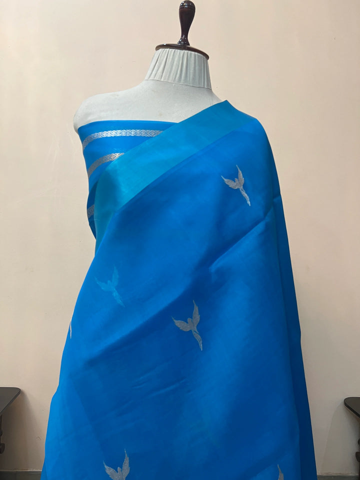 Blue Kora Silk Banarasi Saree with Dual Border