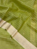 Neyon Green Banarasi Handloom Kora Silk Saree - Aura Benaras