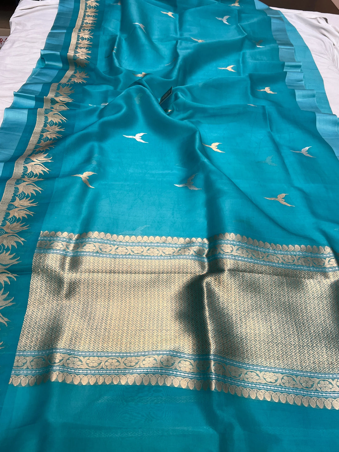 Rama Blue Kora Silk Banarasi Saree with Dual Border
