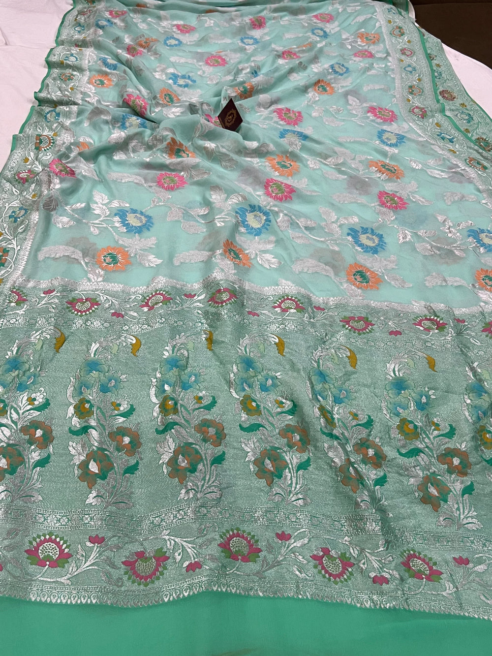 Pastel Sea Green Pure Banarasi Khaddi georgette saree with Tilfi Meenakari floral jaal