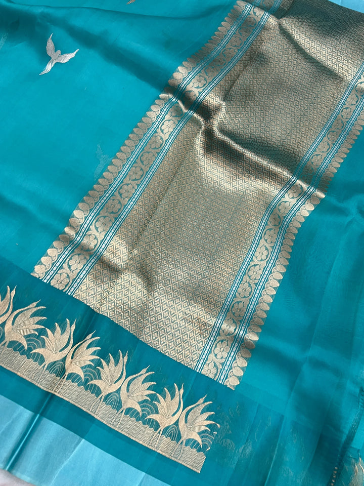 Rama Blue Kora Silk Banarasi Saree with Dual Border