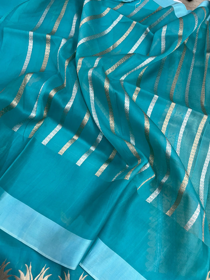 Rama Blue Kora Silk Banarasi Saree with Dual Border
