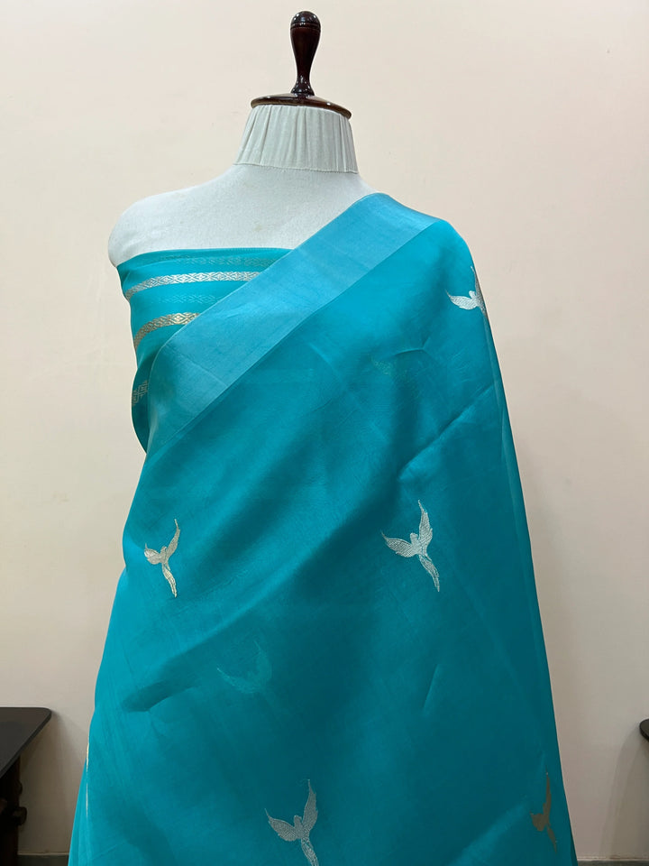 Rama Blue Kora Silk Banarasi Saree with Dual Border