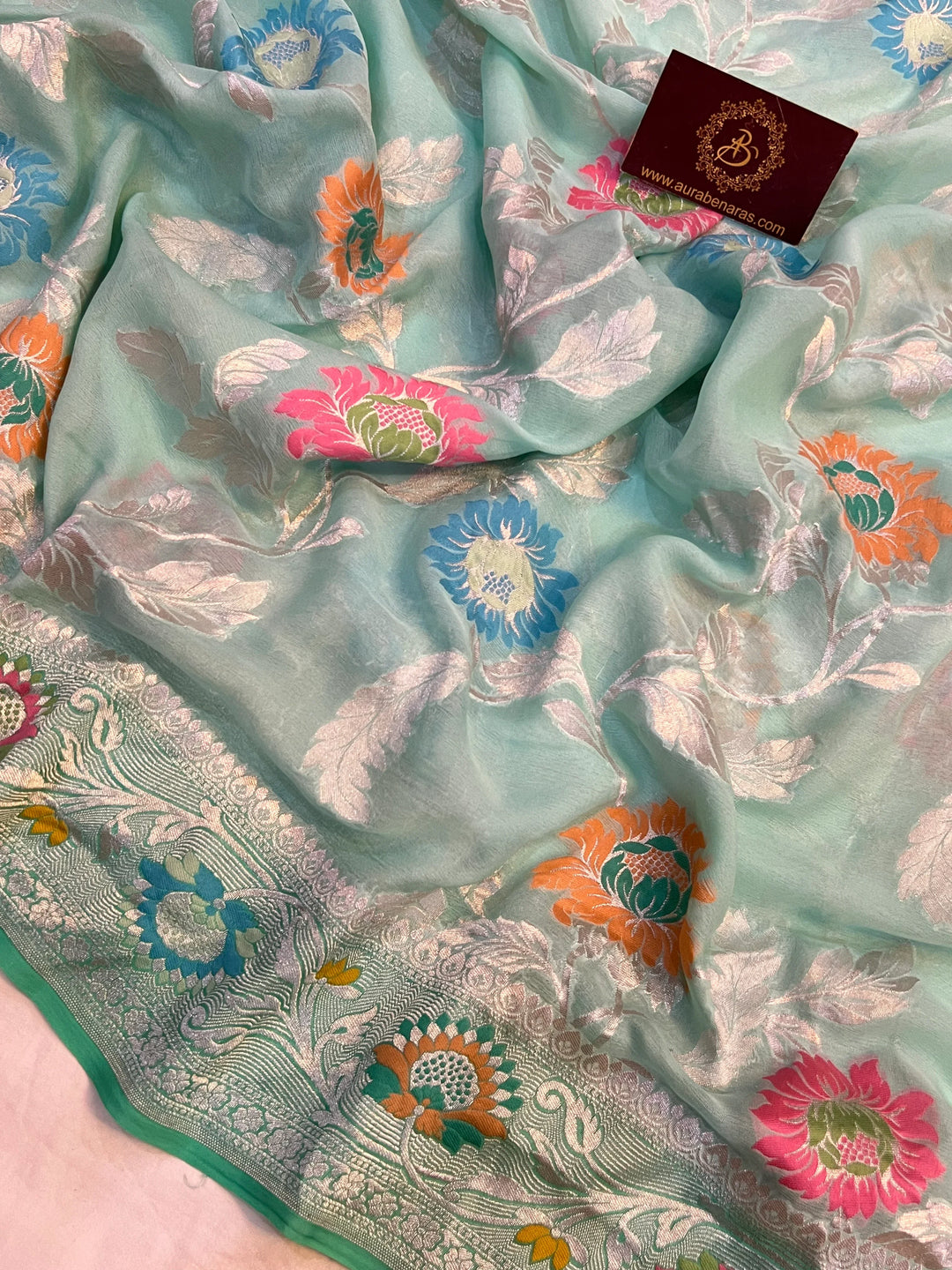 Pastel Sea Green Pure Banarasi Khaddi georgette saree with Tilfi Meenakari floral jaal