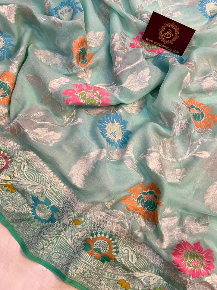 Pastel Sea Green Pure Banarasi Khaddi georgette saree with Tilfi Meenakari floral jaal