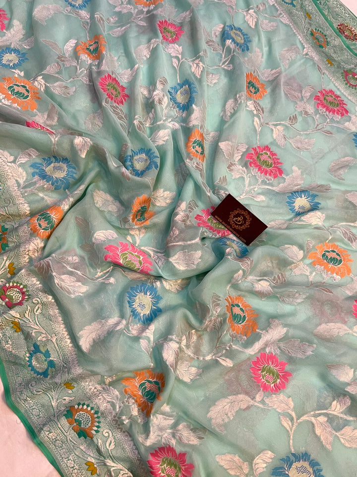 Pastel Sea Green Pure Banarasi Khaddi georgette saree with Tilfi Meenakari floral jaal