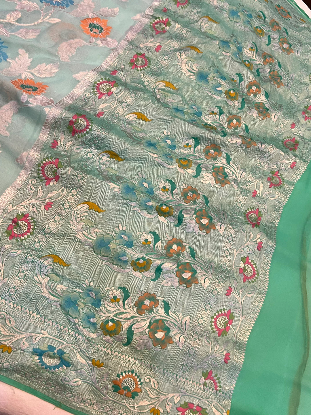 Pastel Sea Green Pure Banarasi Khaddi georgette saree with Tilfi Meenakari floral jaal