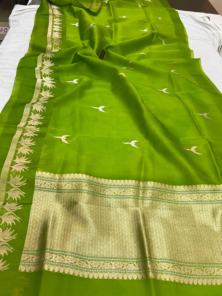 Parrot Green Kora Silk Banarasi Saree with Dual Border