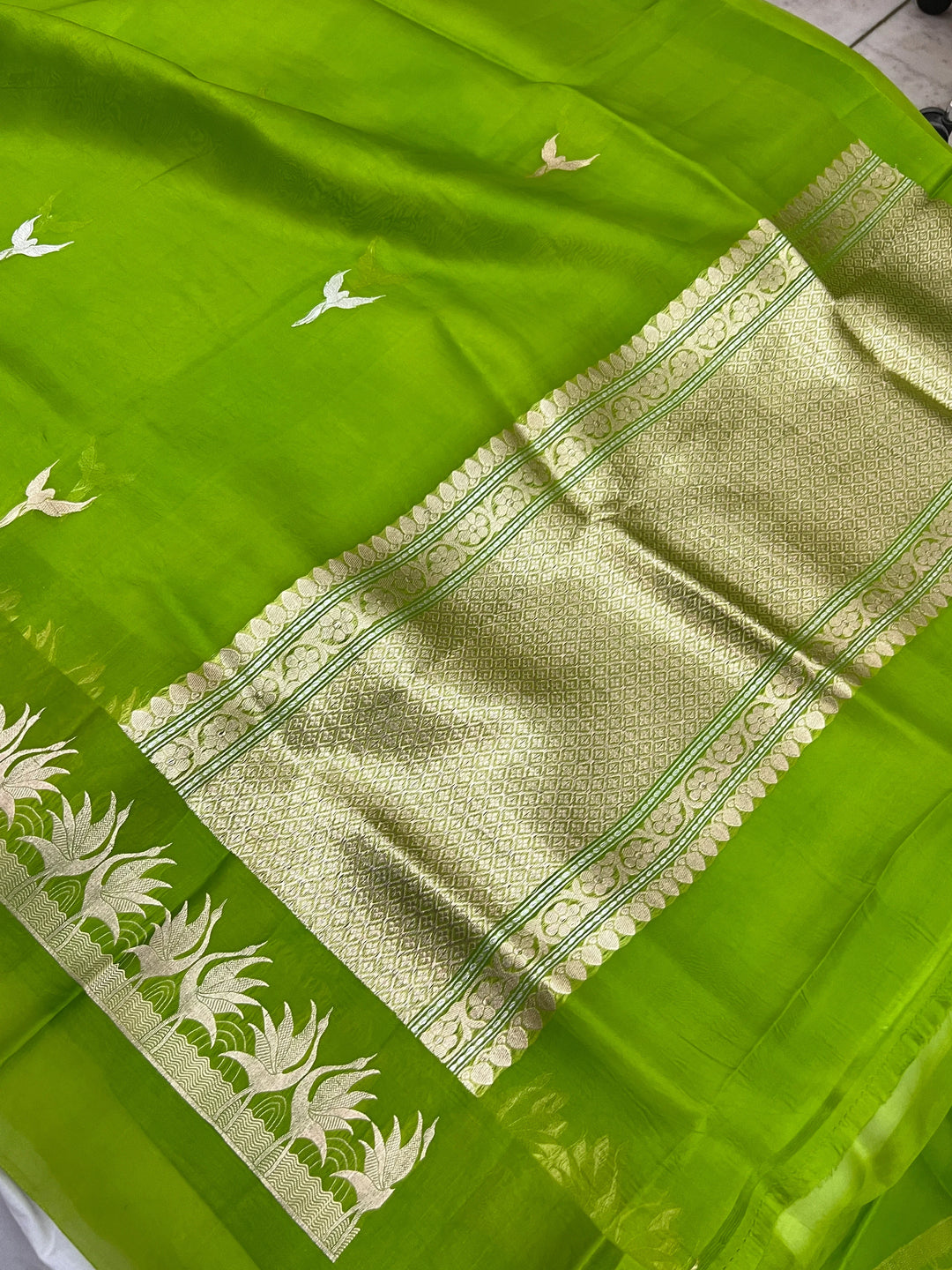 Parrot Green Kora Silk Banarasi Saree with Dual Border