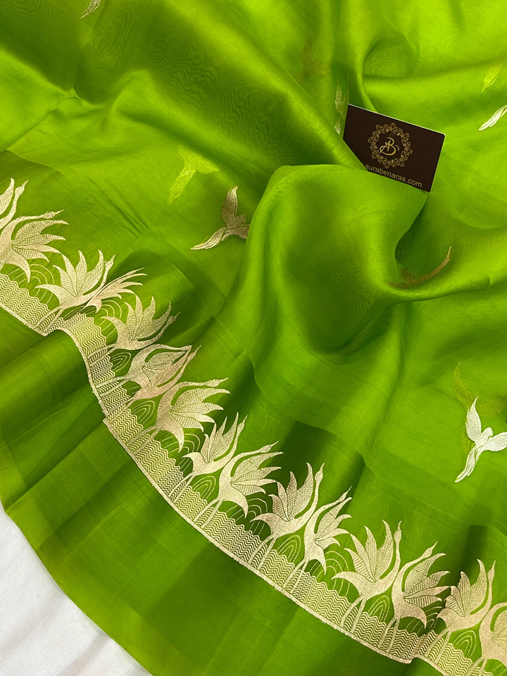 Parrot Green Kora Silk Banarasi Saree with Dual Border