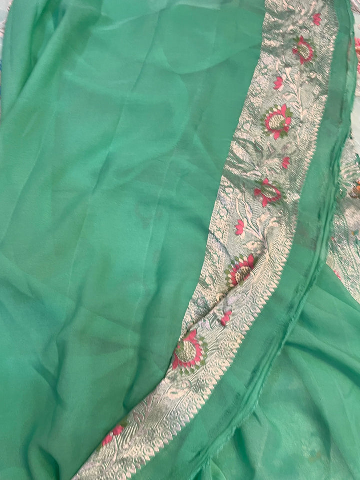 Pastel Sea Green Pure Banarasi Khaddi georgette saree with Tilfi Meenakari floral jaal