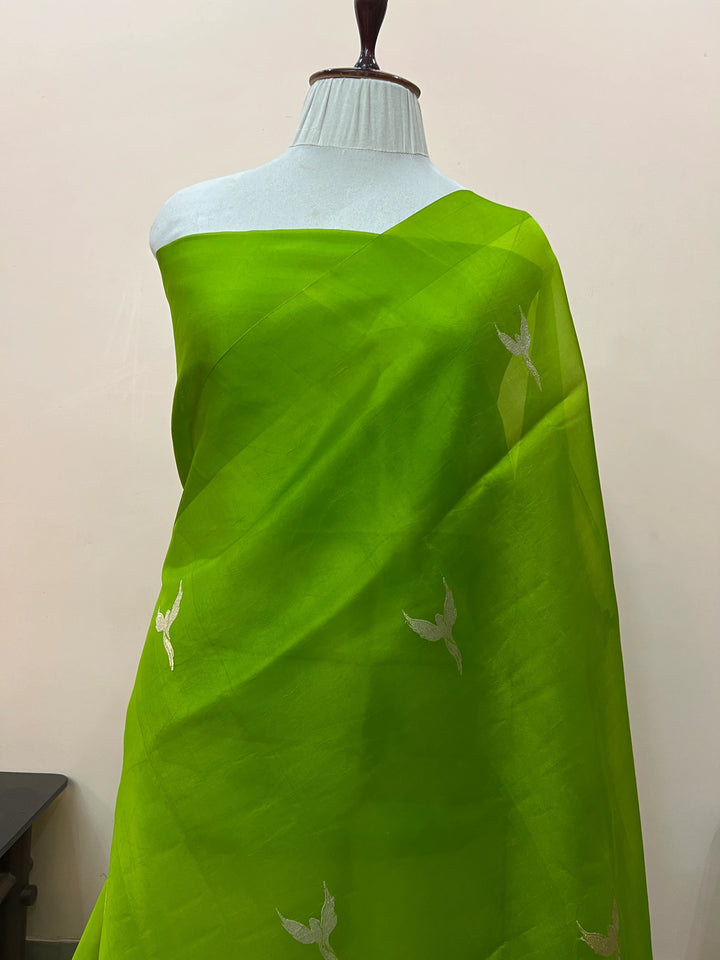 Parrot Green Kora Silk Banarasi Saree with Dual Border