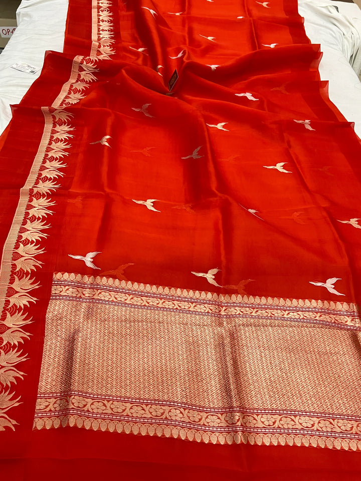 Red Kora Silk Banarasi Saree with Dual Border