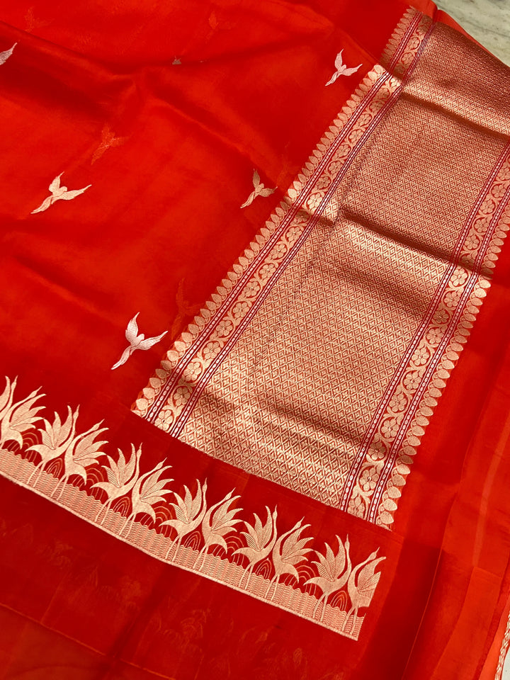 Red Kora Silk Banarasi Saree with Dual Border