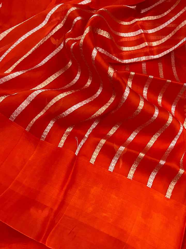 Red Kora Silk Banarasi Saree with Dual Border