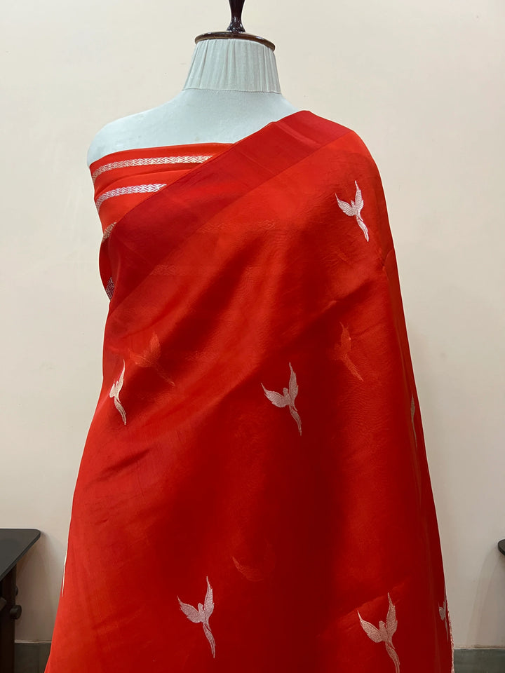 Red Kora Silk Banarasi Saree with Dual Border
