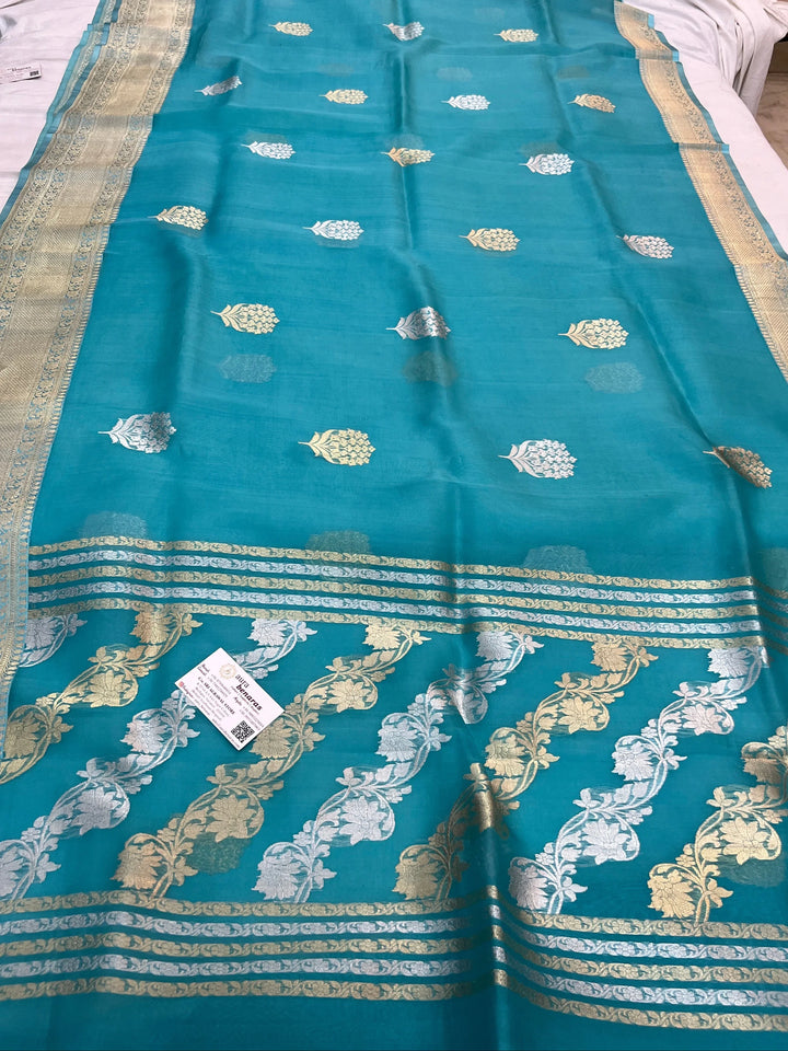 Rama Blue Kora Silk Banarasi Saree with Kadhwa Butas 