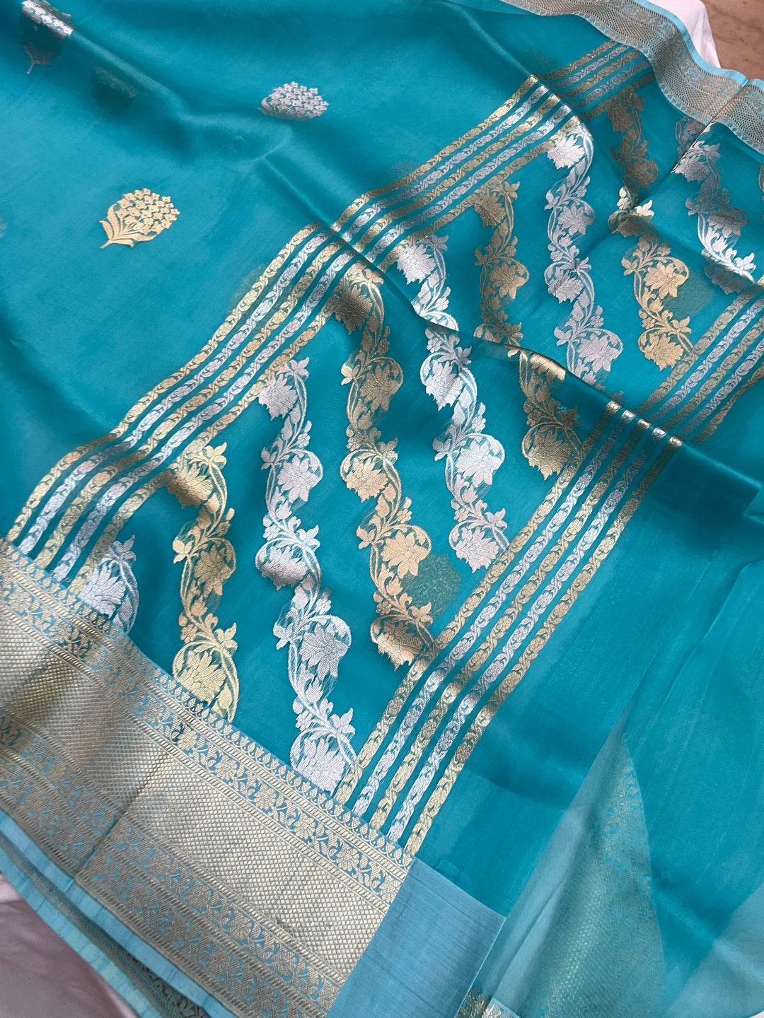 Rama Blue Kora Silk Banarasi Saree with Kadhwa Butas 