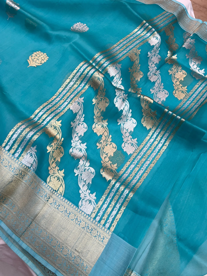 Rama Blue Kora Silk Banarasi Saree with Kadhwa Butas 