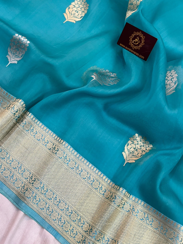 Rama Blue Kora Silk Banarasi Saree with Kadhwa Butas 