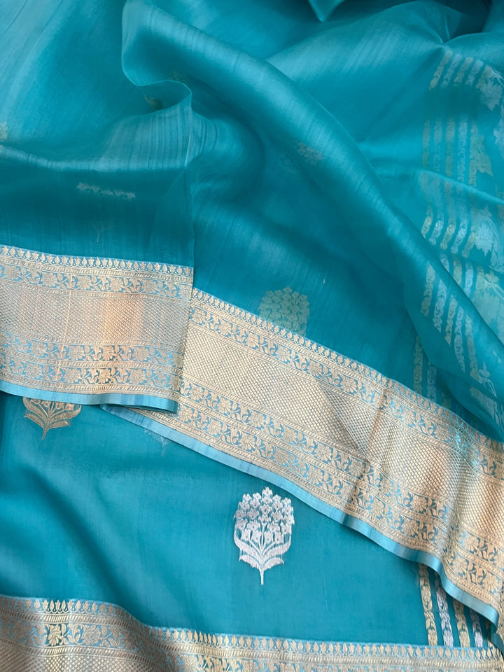 Rama Blue Kora Silk Banarasi Saree with Kadhwa Butas 