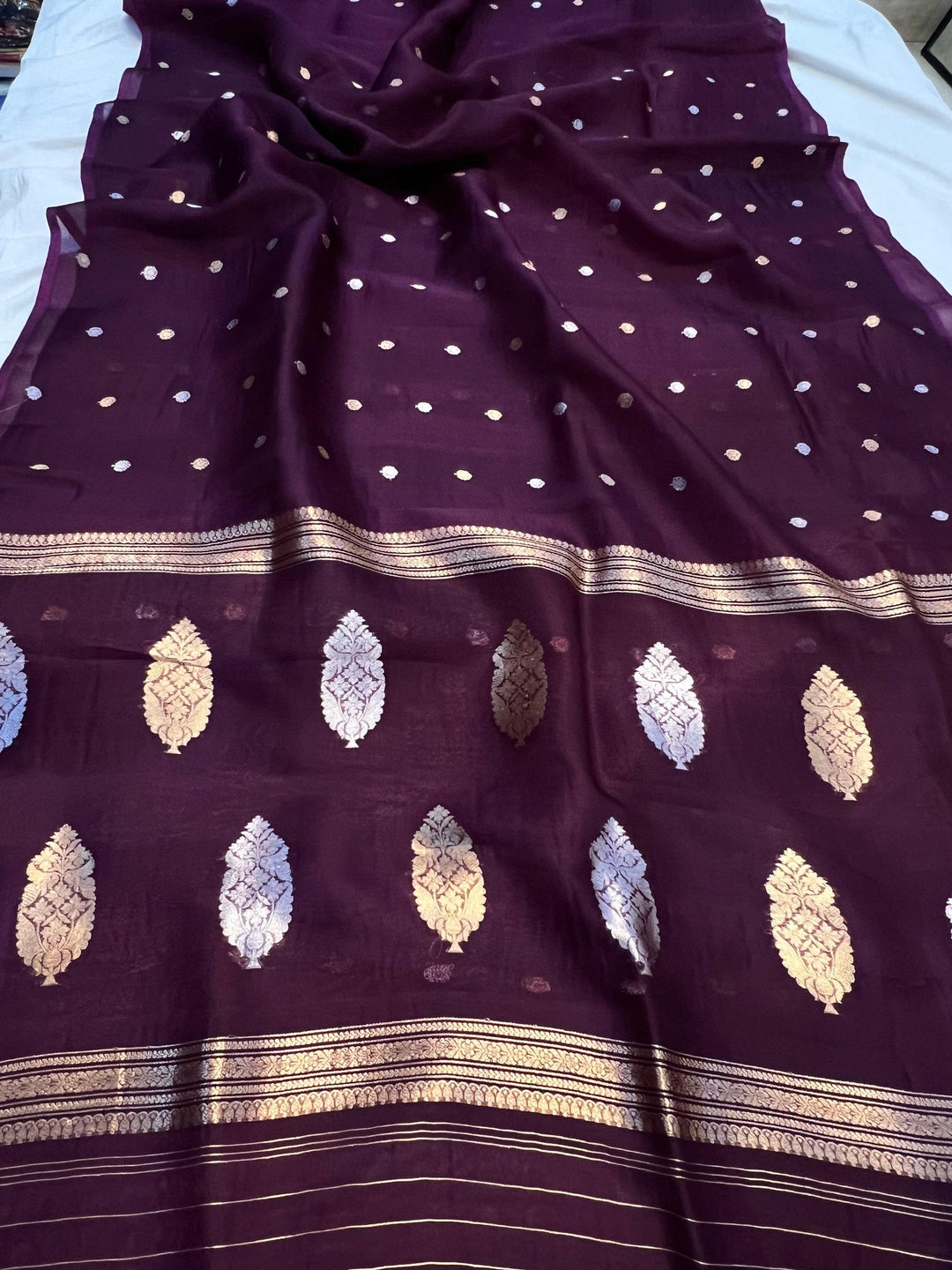 Pure Banarasi handloom Kora silk saree with allover Kadhwa butis in gold and silver zari