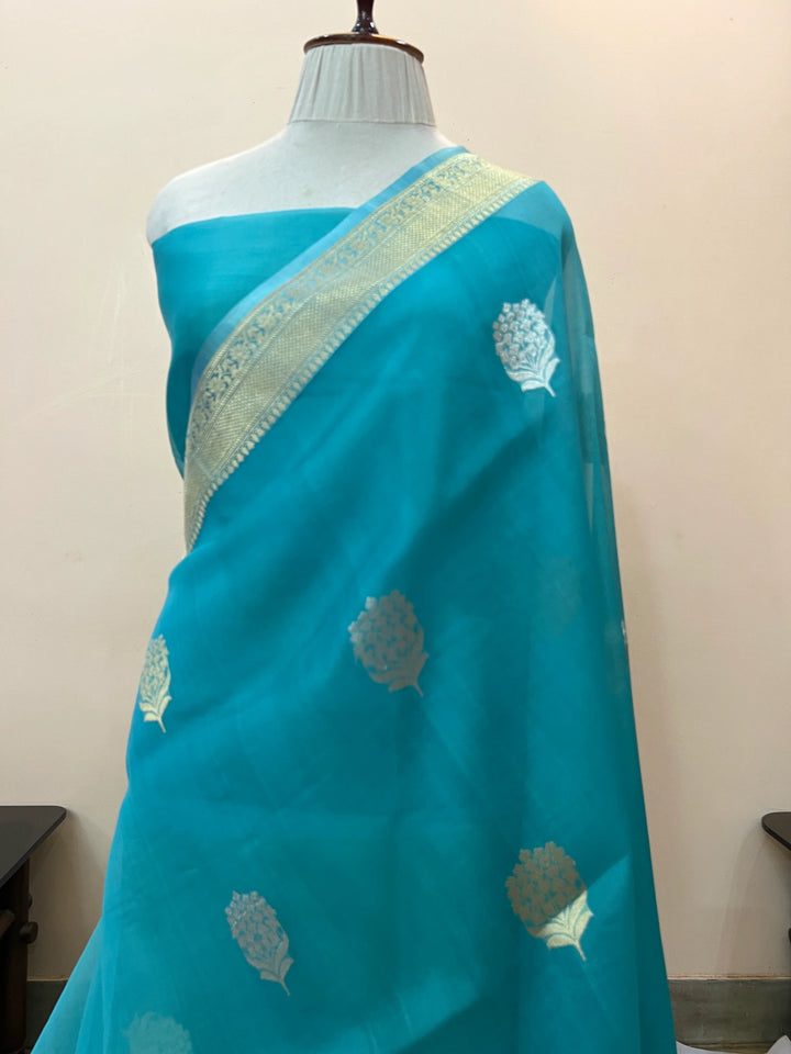 Rama Blue Kora Silk Banarasi Saree with Kadhwa Butas 
