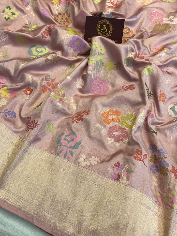 Mauve Pink Pure Katan Silk Banarasi Saree with Meenakari Jaal Design