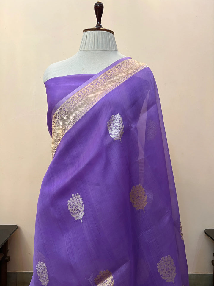 Deep Lavender Pure Kora Silk Handloom Banarasi Saree