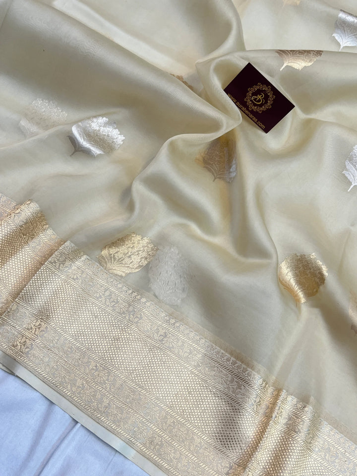 Cream Pure Kora Silk Handloom Banarasi Saree