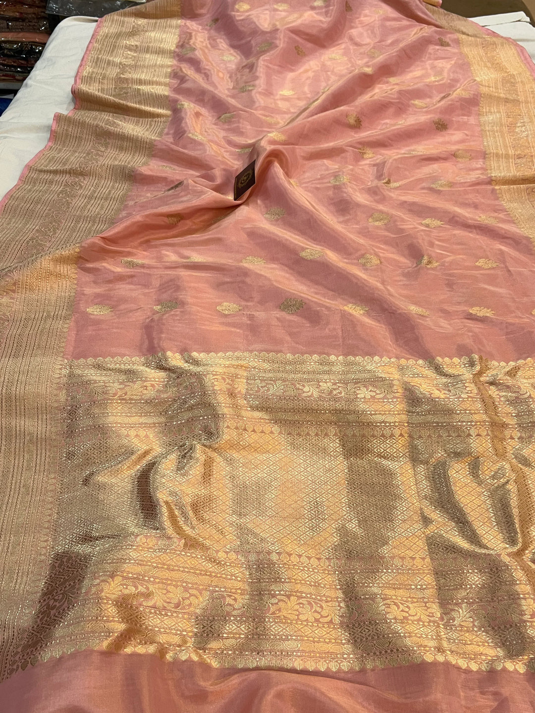 Peachish Pink Pure Katan Tissue Silk Banarasi Saree with Kadhwa Butas