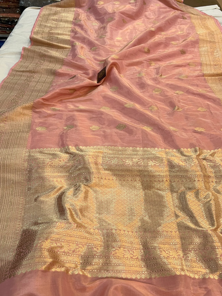 Peachish Pink Pure Katan Tissue Silk Banarasi Saree with Kadhwa Butas