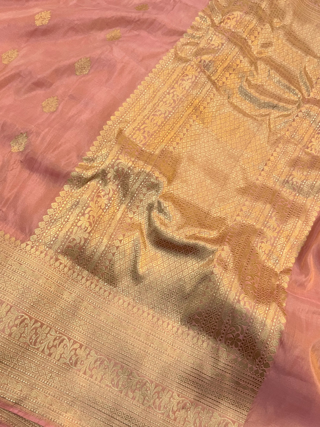 Peachish Pink Pure Katan Tissue Silk Banarasi Saree with Kadhwa Butas