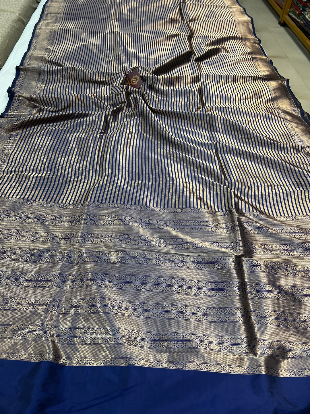 Navy Blue Katan Silk Banarasi Saree with Geometric Brocade Work
