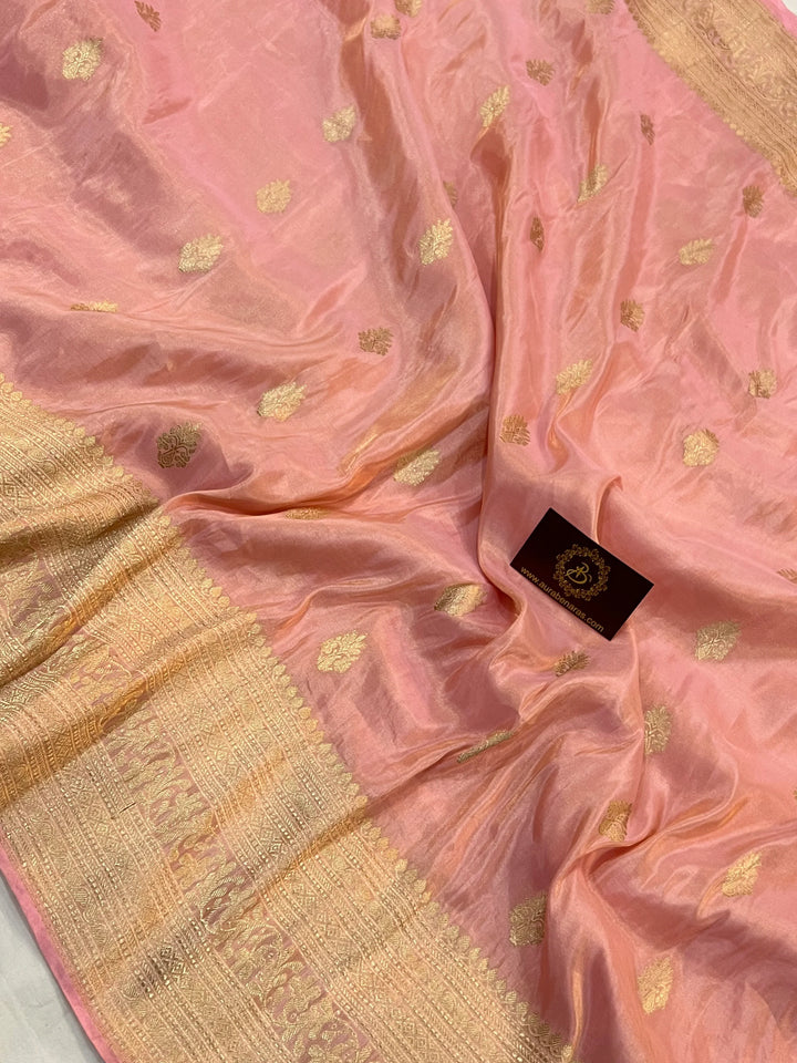 Peachish Pink Pure Katan Tissue Silk Banarasi Saree with Kadhwa Butas